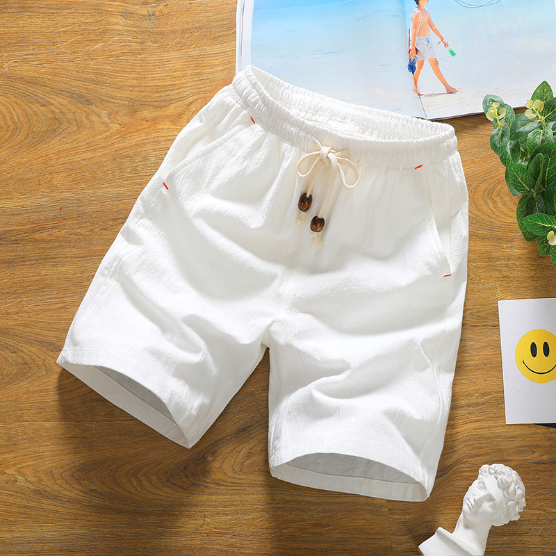 Short Linen Drawstring - Brand men's summer fashion solid color
