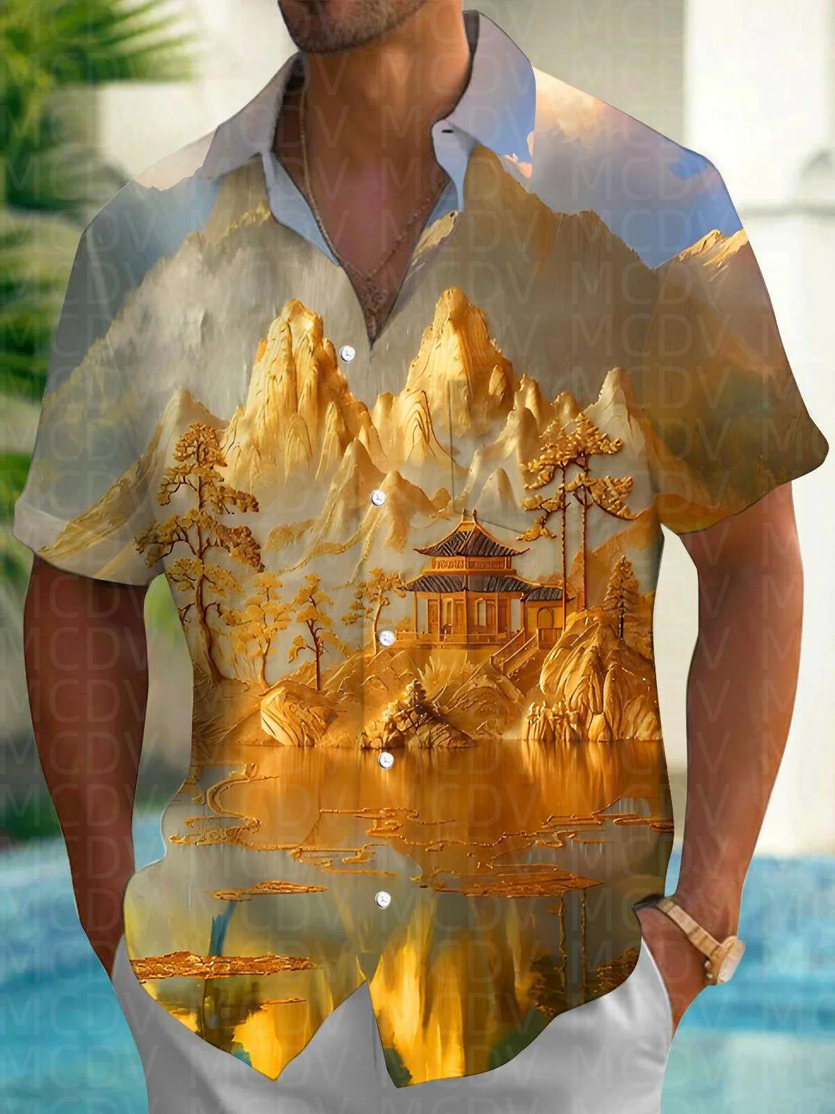 Shirt Camp Collar - Chinese-style temple Pattern Men's Hawaiian Shirt