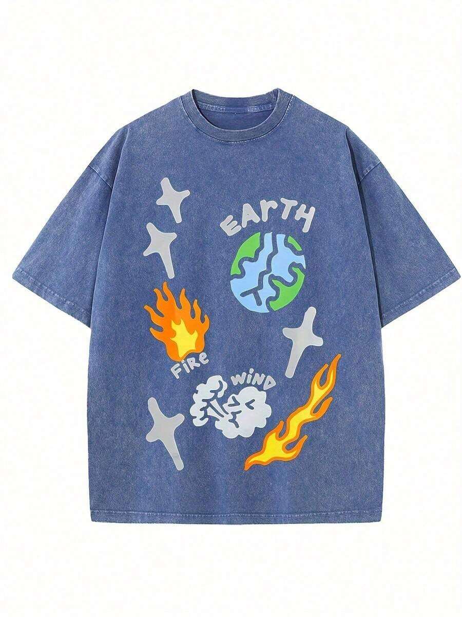 Tee Graphic Print - Oversized Denim Cotton T-Shirt With Earth