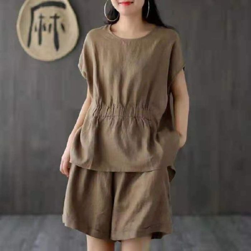 Linen Shirt Breathable - Linen casual solid color two-piece set