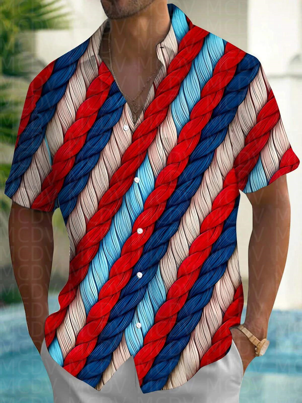 Shirt Camp Collar - String Pattern Men's Hawaiian Shirt Stretch