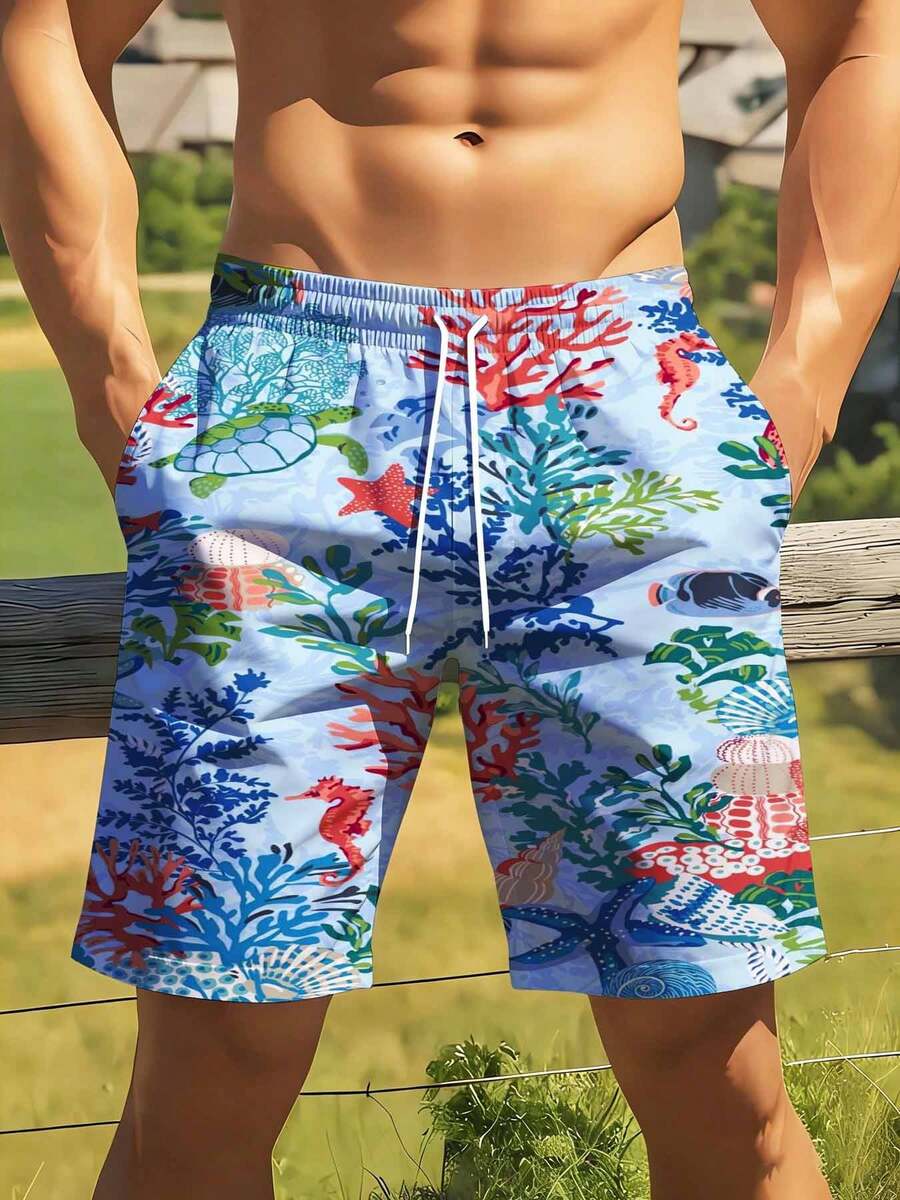 Mens Tropical Coral Print Swim - Swim Trunk Quick Dry ulasan dan harga