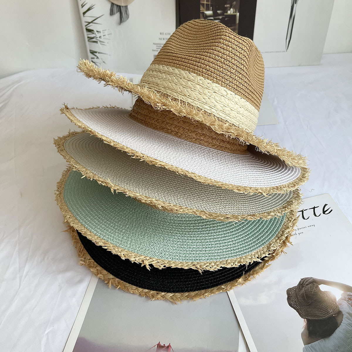 Fringed Brim Panama Hat Wide B - Bucket Hat Straw ulasan dan harga