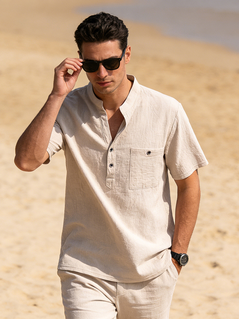 Men's Cotton Linen Henley Shir - Linen Shirt Breathable ulasan dan harga