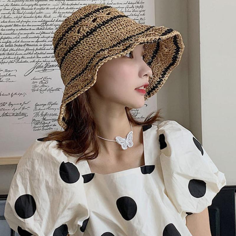 Women’s Foldable Striped Geome - Bucket Hat Straw ulasan dan harga