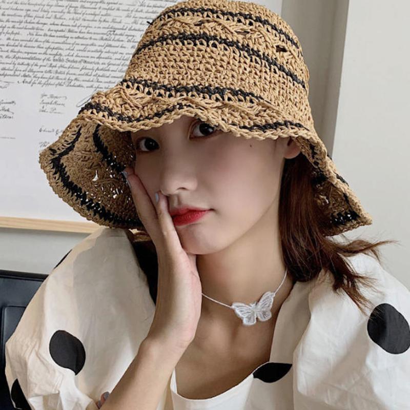 Women’s Foldable Striped Geome - Bucket Hat Straw ulasan dan harga