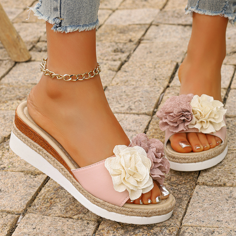 Women's Pink Flower Decor Plat - Espadrille Slip On ulasan dan harga