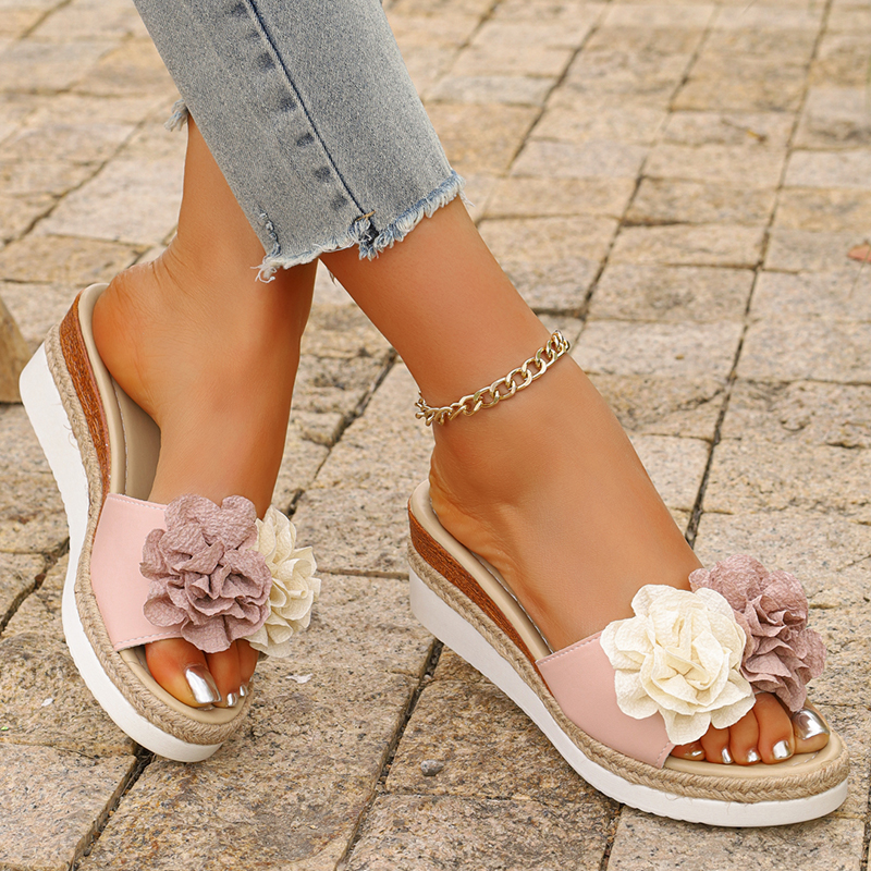 Women's Pink Flower Decor Plat - Espadrille Slip On ulasan dan harga