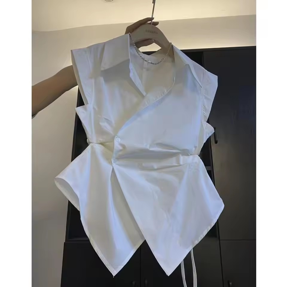 French Solid Color Pleated Irr - Shirt Camp Collar ulasan dan harga