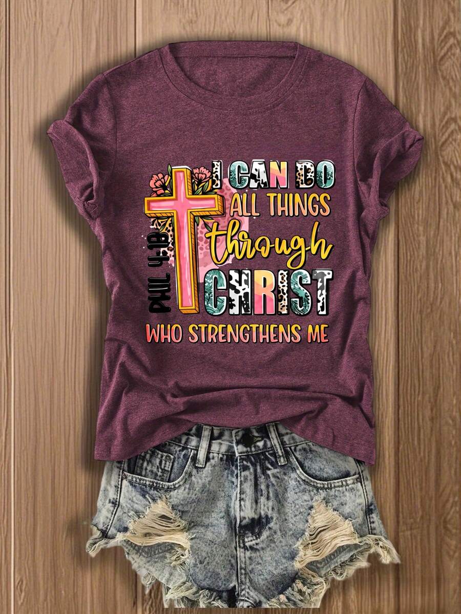 Womens Graphic Tee With Cross  - Tee Graphic Print ulasan dan harga