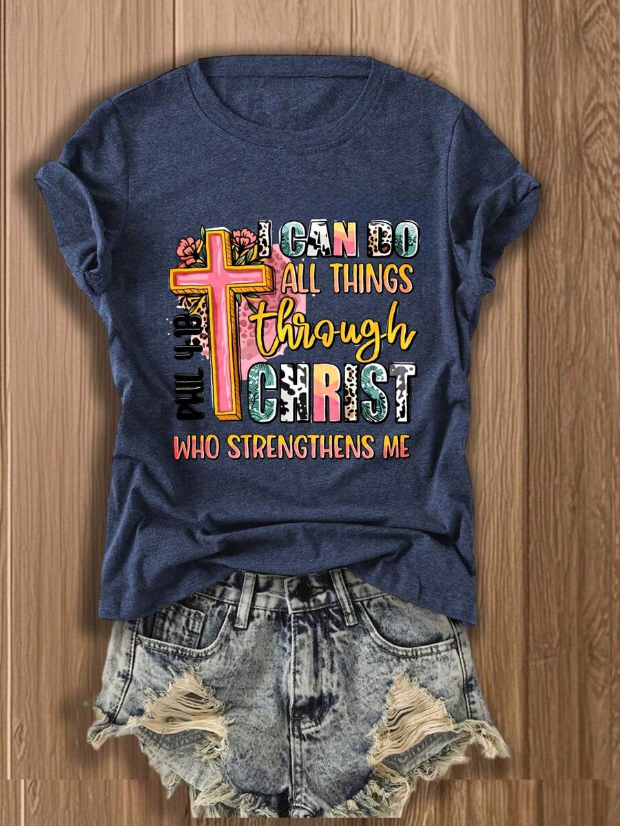 Womens Graphic Tee With Cross  - Tee Graphic Print ulasan dan harga