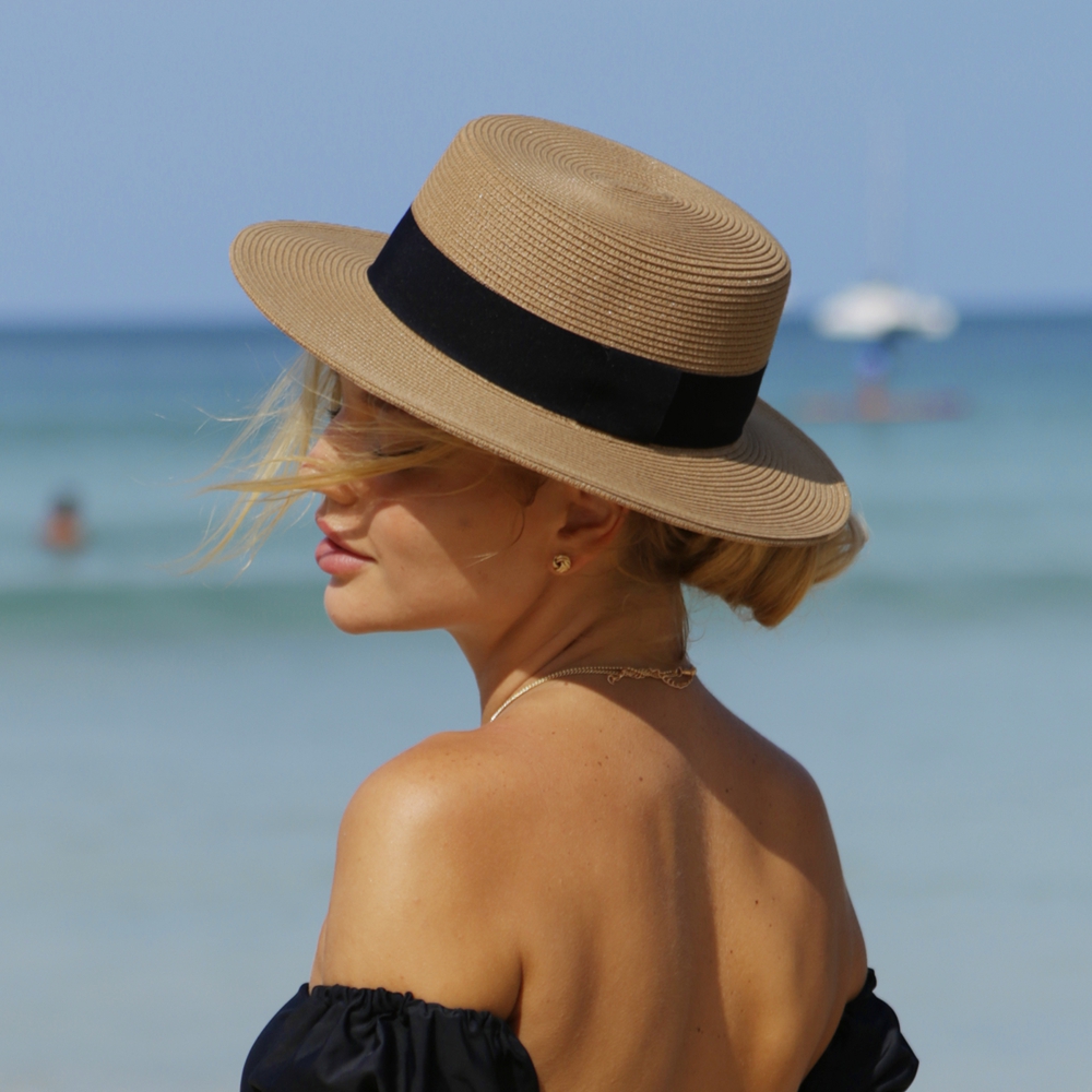 Unisex Flat Top Boater Sun Hat - Bucket Hat Straw ulasan dan harga
