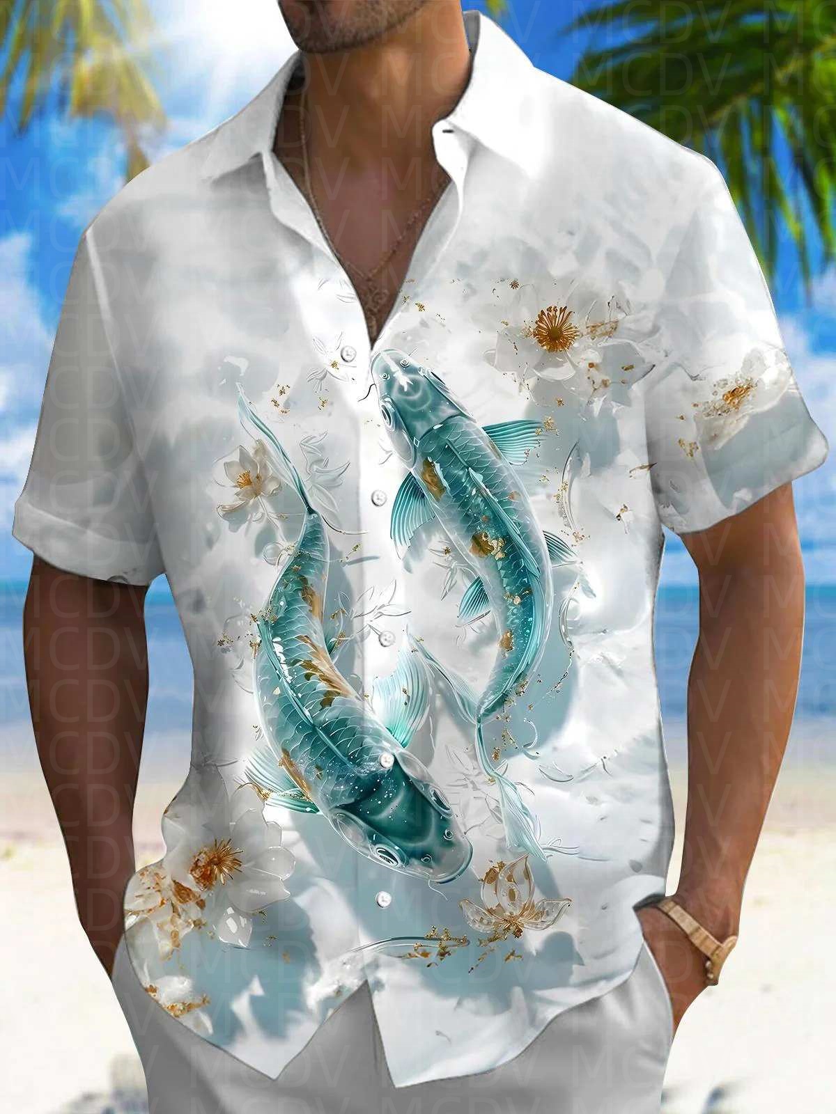 Perch Pattern Men's Hawaiian S - Shirt Camp Collar ulasan dan harga