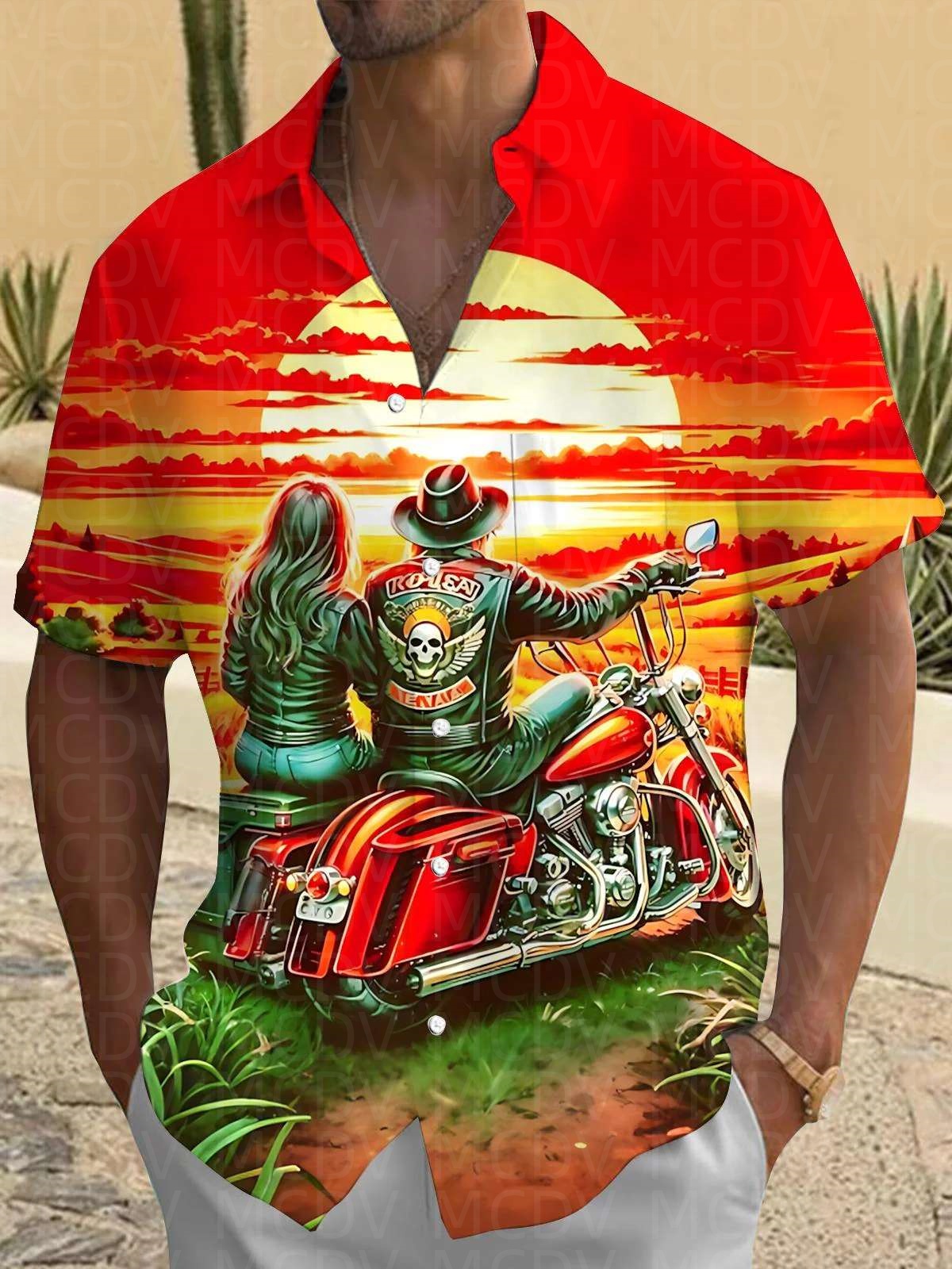 Motorcycle Pattern Men's Hawai - Shirt Camp Collar ulasan dan harga