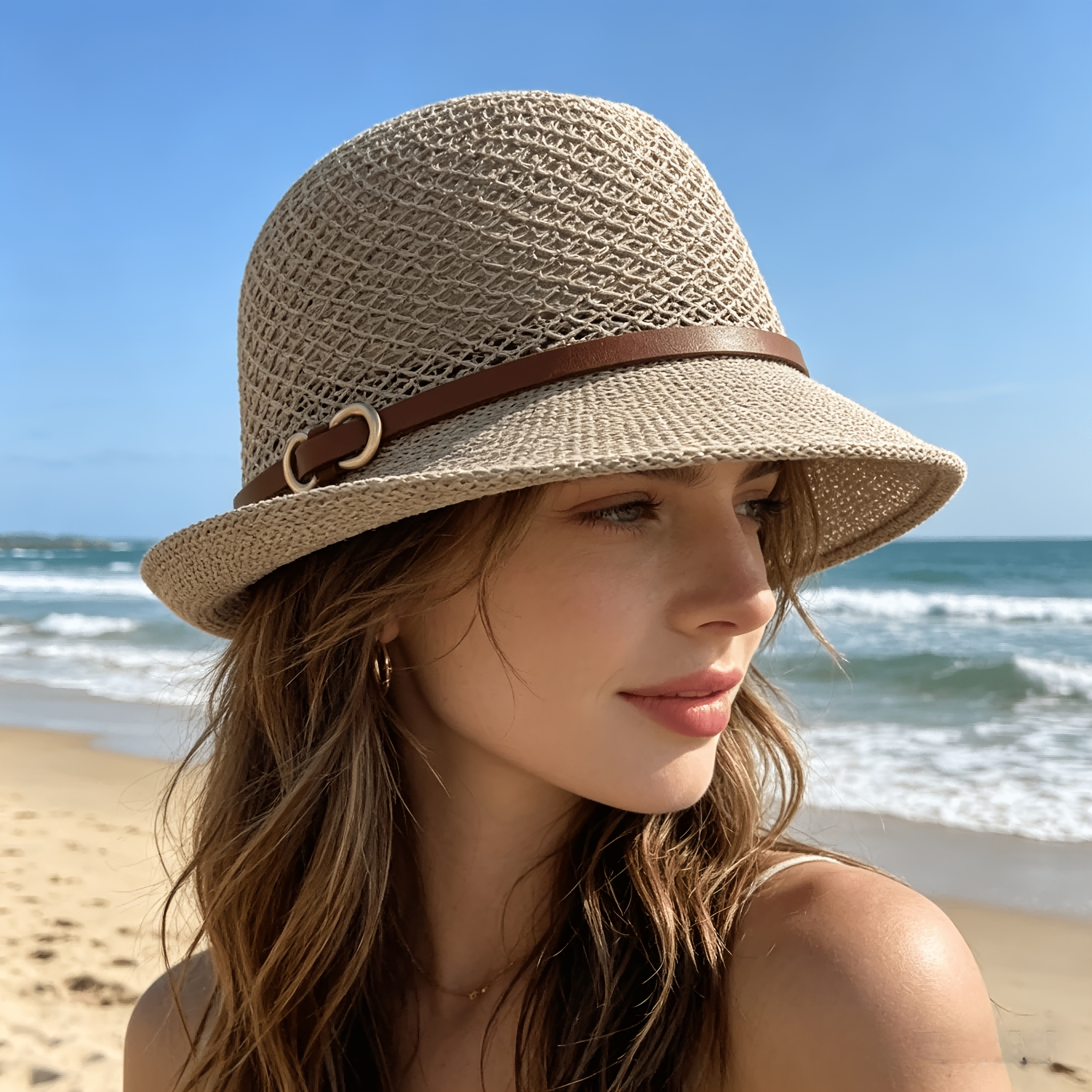 Elegant women's beach straw ha - Bucket Hat Straw ulasan dan harga