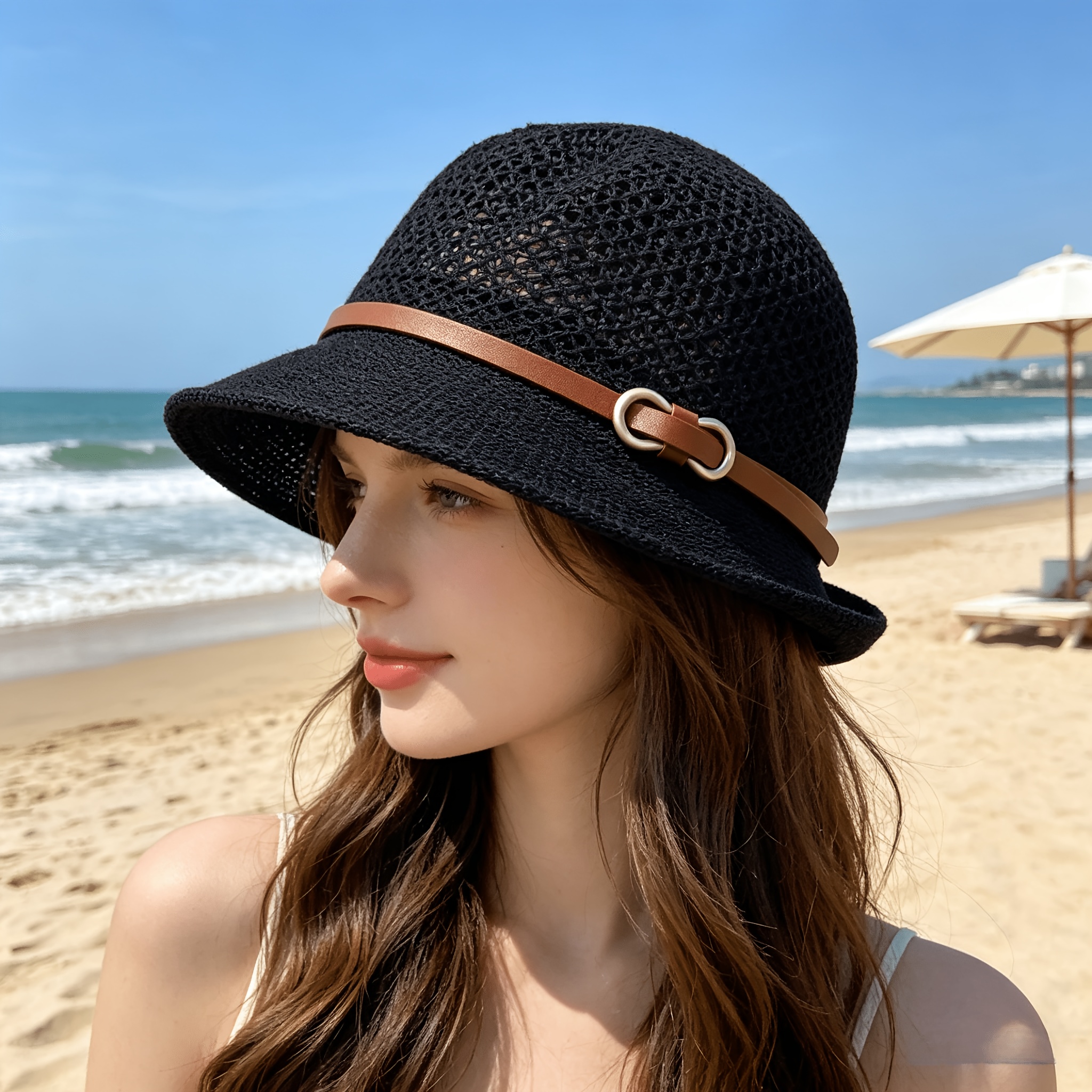 Elegant women's beach straw ha - Bucket Hat Straw ulasan dan harga