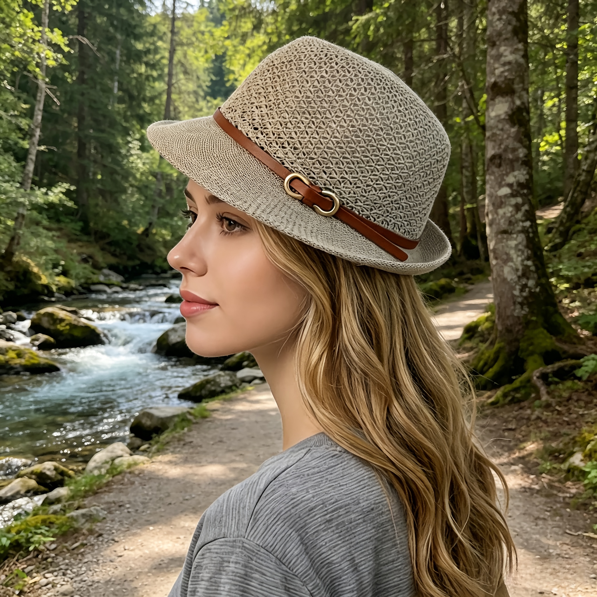Elegant women's beach straw ha - Bucket Hat Straw ulasan dan harga