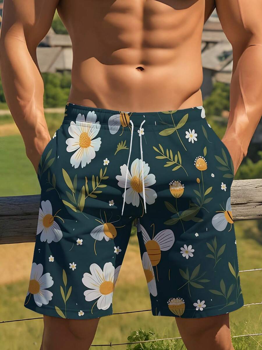 Mens Beach Shorts With Floral  - Swim Trunk Quick Dry ulasan dan harga