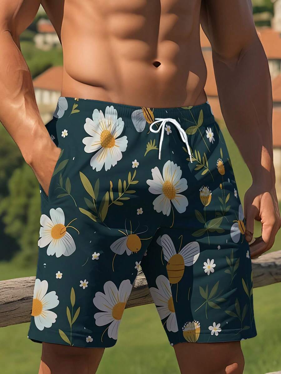 Mens Beach Shorts With Floral  - Swim Trunk Quick Dry ulasan dan harga