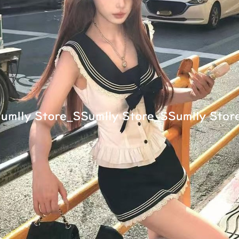 College Style Bow Sweet 2 Piec - Shirt Camp Collar ulasan dan harga