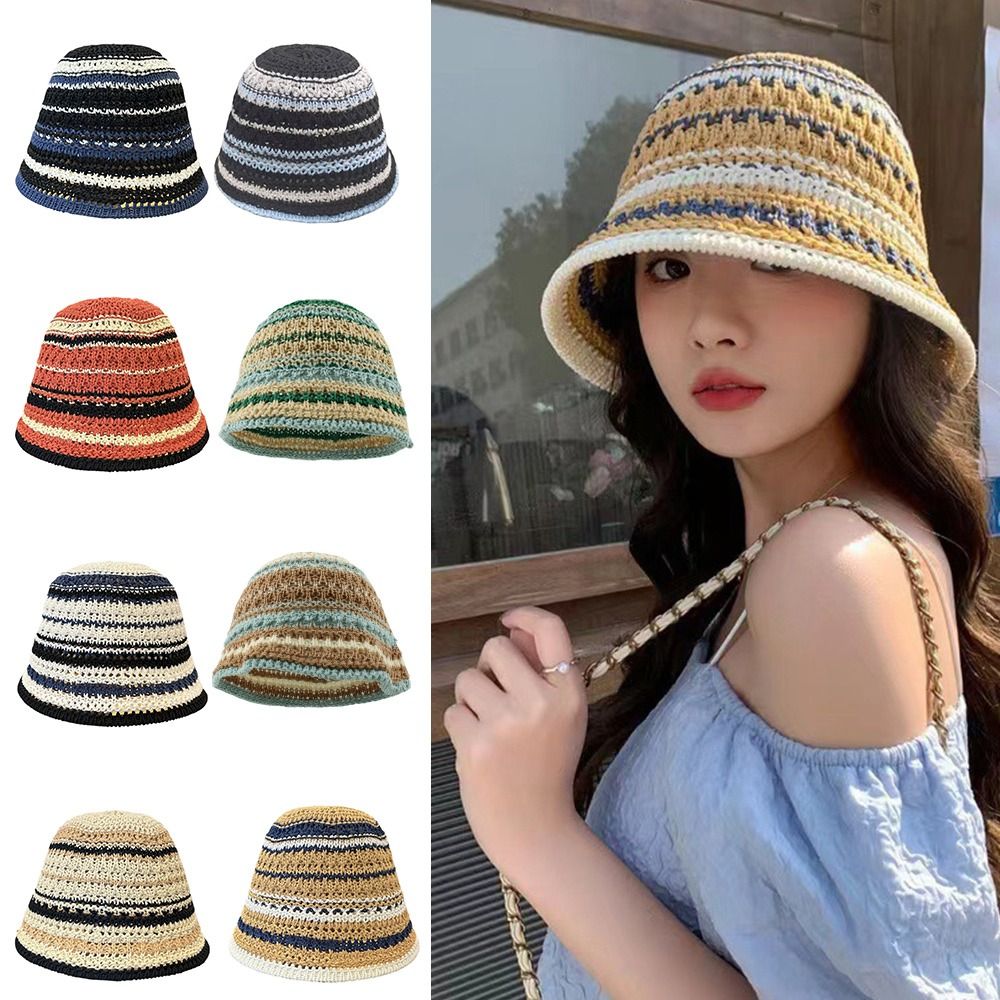 Striped Knitted Hollow Fisherm - Bucket Hat Straw ulasan dan harga