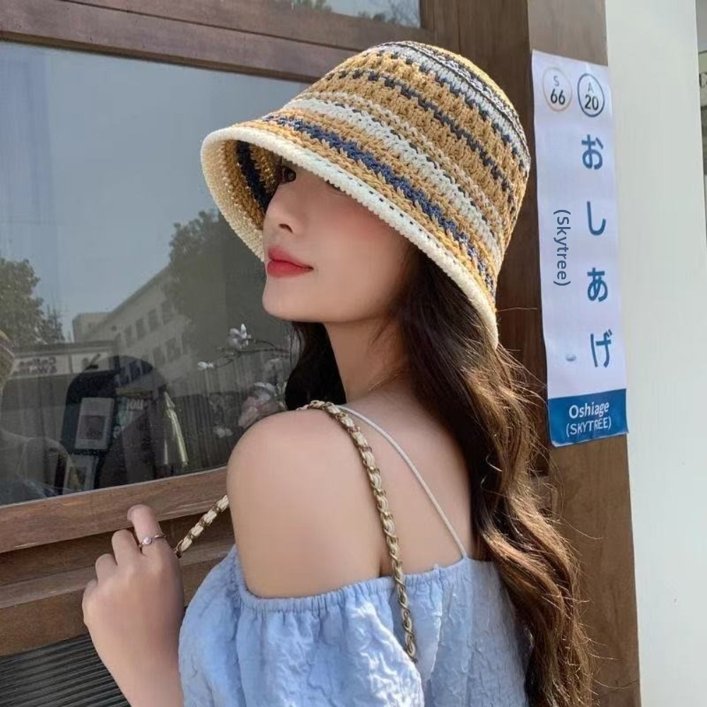 Striped Knitted Hollow Fisherm - Bucket Hat Straw ulasan dan harga