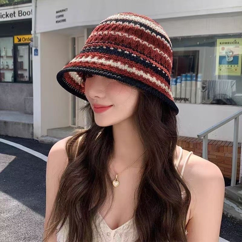 Striped Knitted Hollow Fisherm - Bucket Hat Straw ulasan dan harga