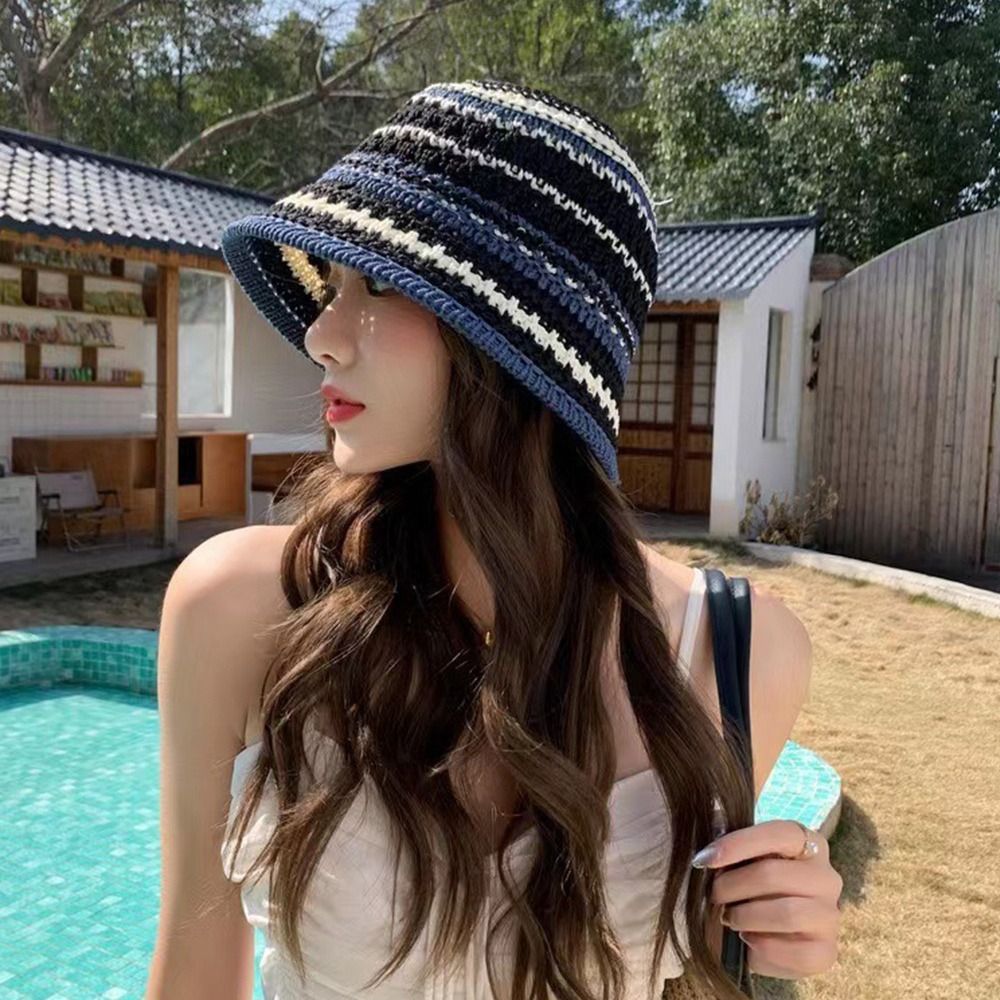 Striped Knitted Hollow Fisherm - Bucket Hat Straw ulasan dan harga