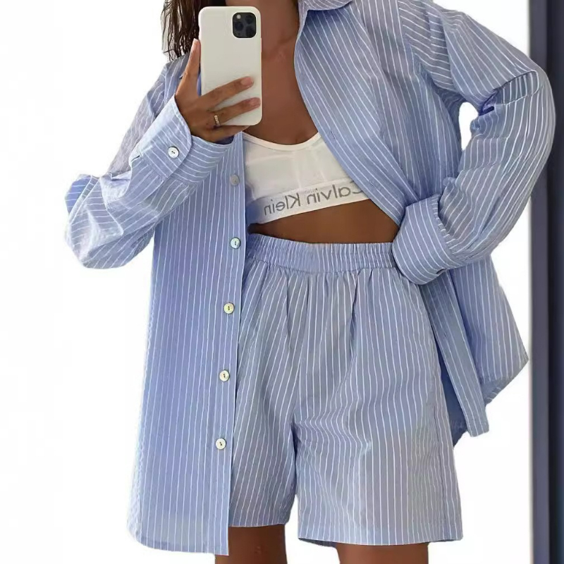 Women Striped Print Two Piece  - Linen Shirt Breathable ulasan dan harga