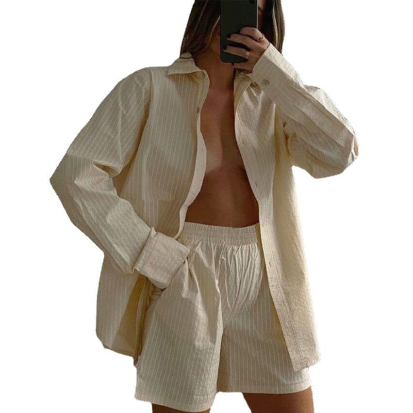 Women Striped Print Two Piece  - Linen Shirt Breathable ulasan dan harga