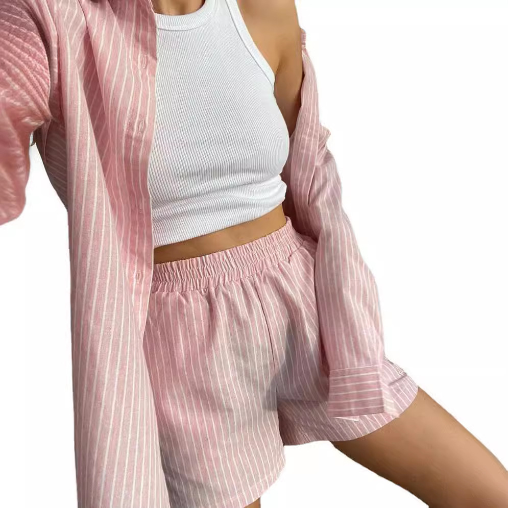 Women Striped Print Two Piece  - Linen Shirt Breathable ulasan dan harga