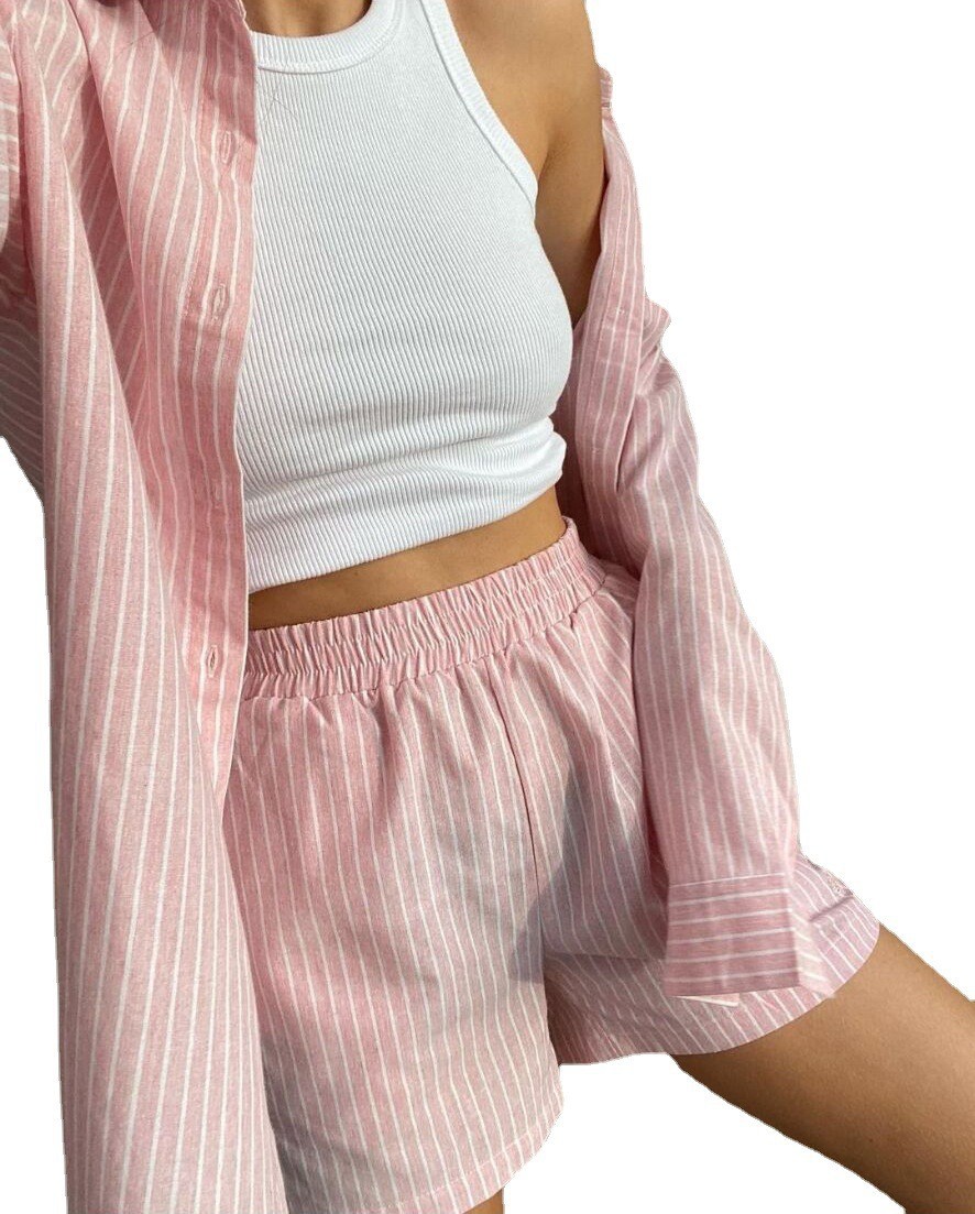Women Striped Print Two Piece  - Linen Shirt Breathable ulasan dan harga