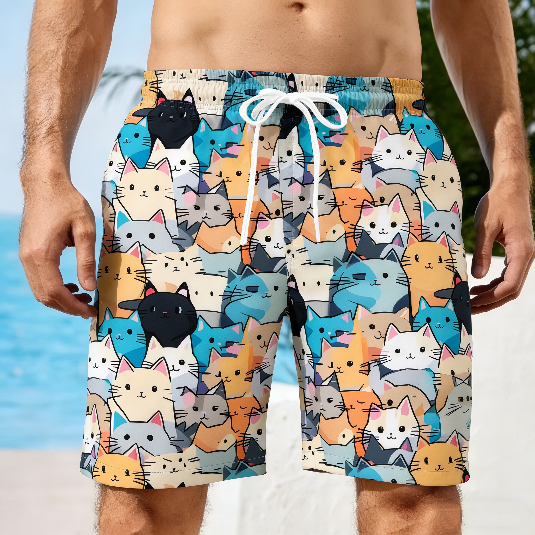Men 3D Cat Graphic Beach Short - Trunks Board Surf ulasan dan harga