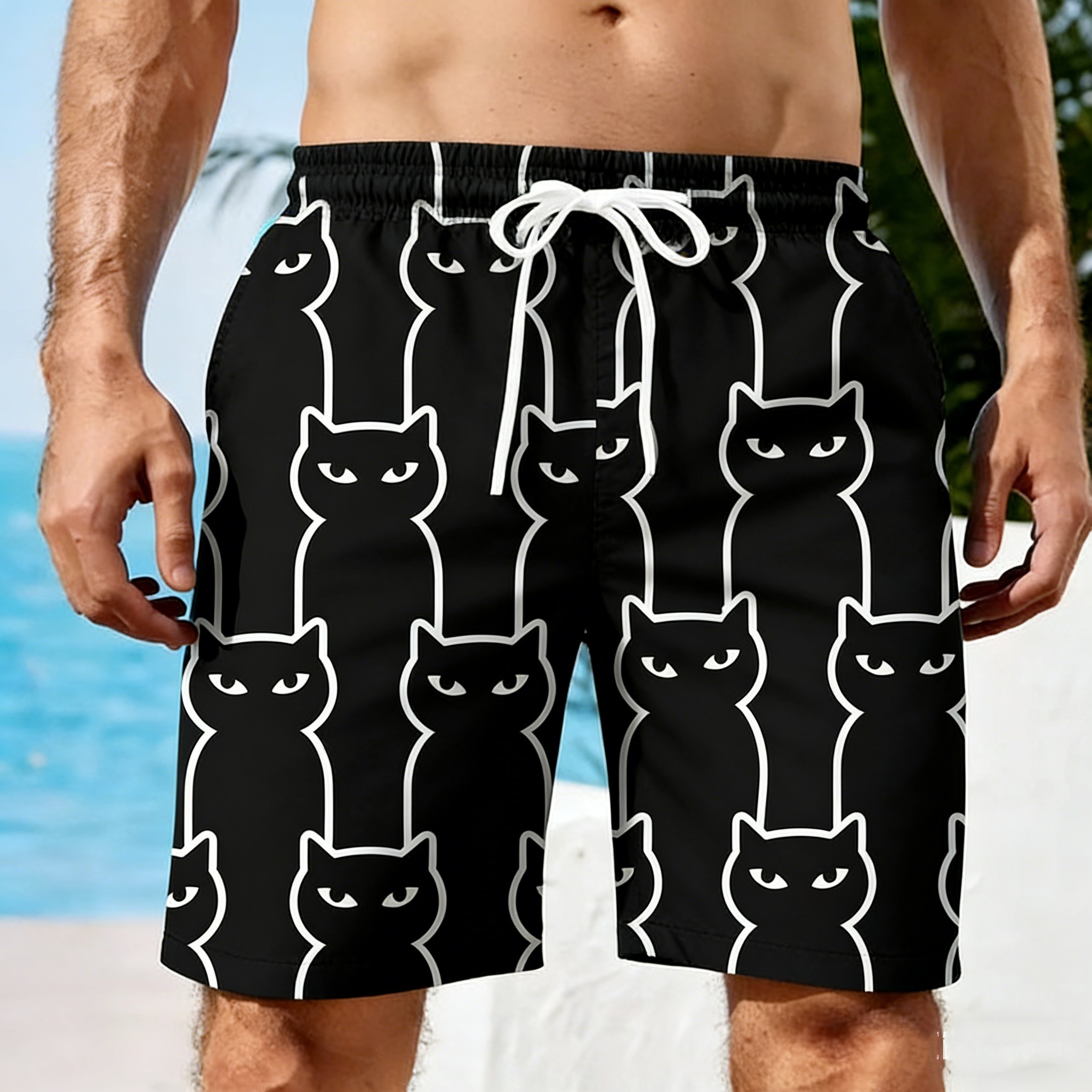 Men 3D Cat Graphic Beach Short - Trunks Board Surf ulasan dan harga