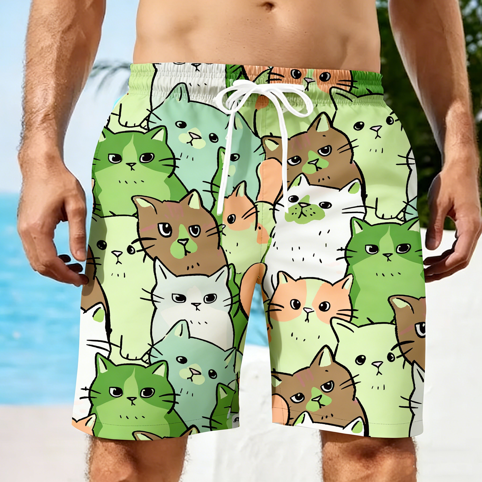 Men 3D Cat Graphic Beach Short - Trunks Board Surf ulasan dan harga