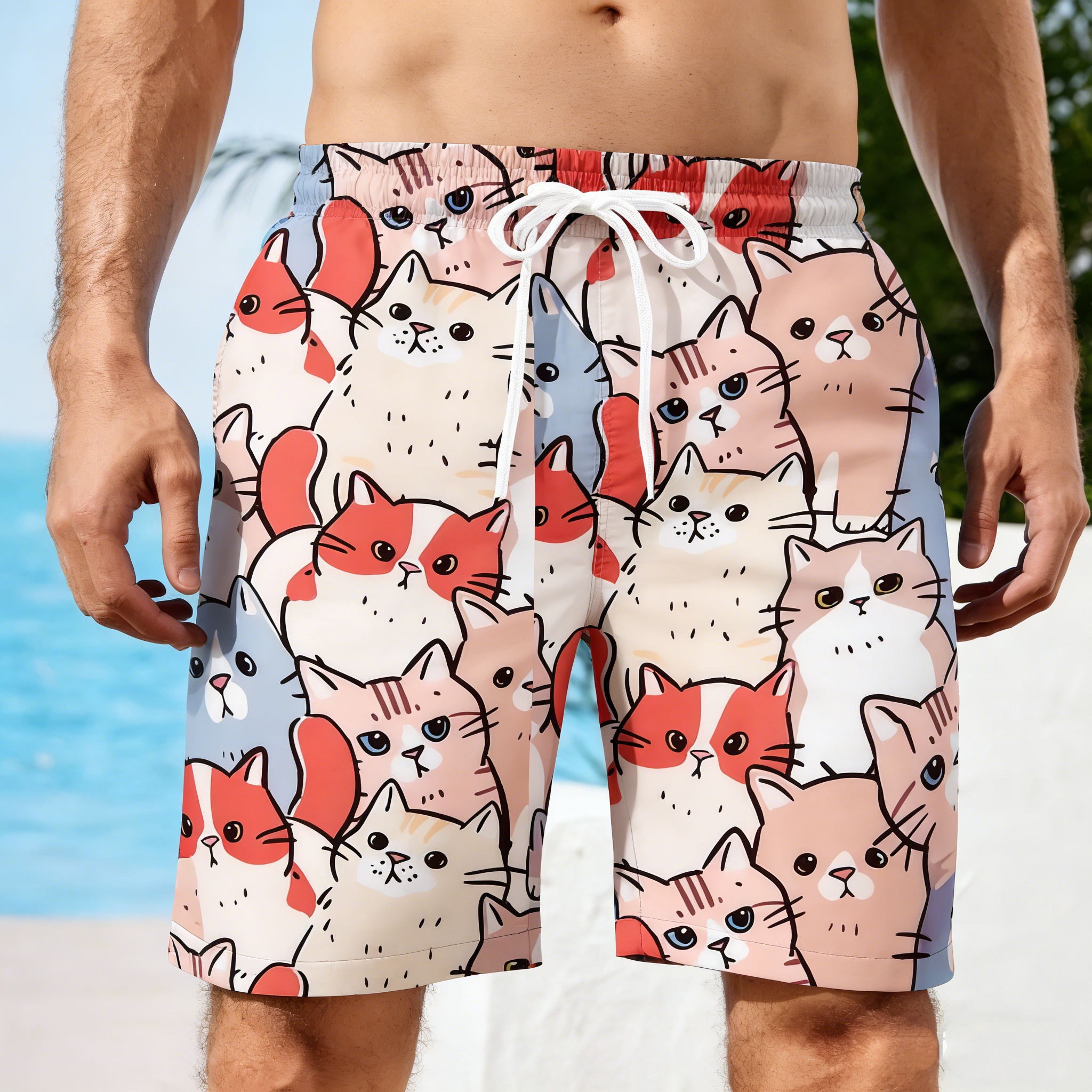Men 3D Cat Graphic Beach Short - Trunks Board Surf ulasan dan harga