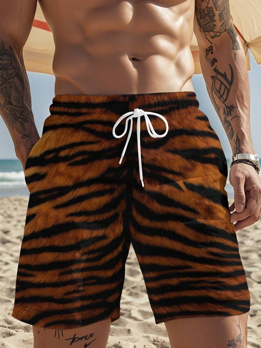 Mens Tiger Print Beach Shorts  - Swim Trunk Quick Dry ulasan dan harga
