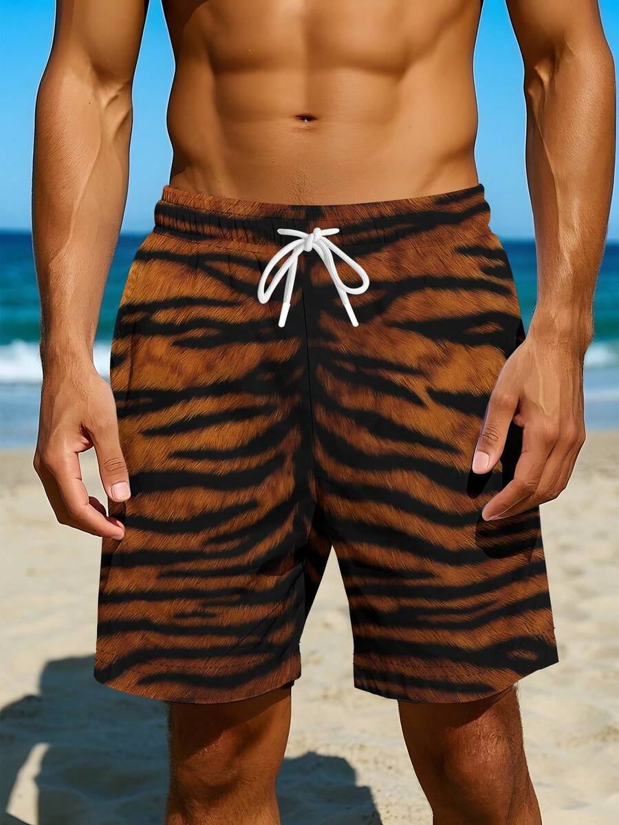 Mens Tiger Print Beach Shorts  - Swim Trunk Quick Dry ulasan dan harga