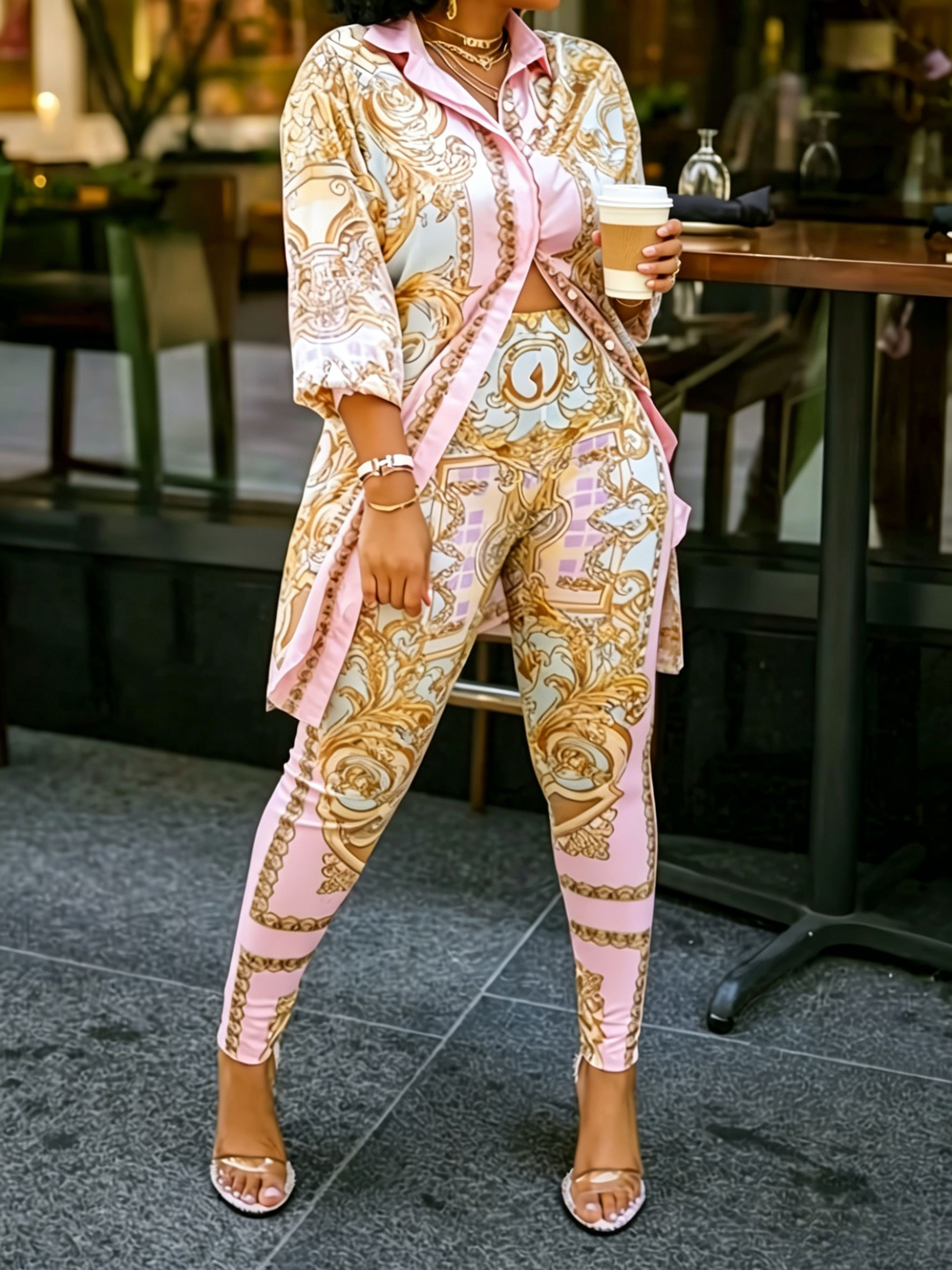 Women 2 Piece Set Ornate Print - Shirt Camp Collar ulasan dan harga