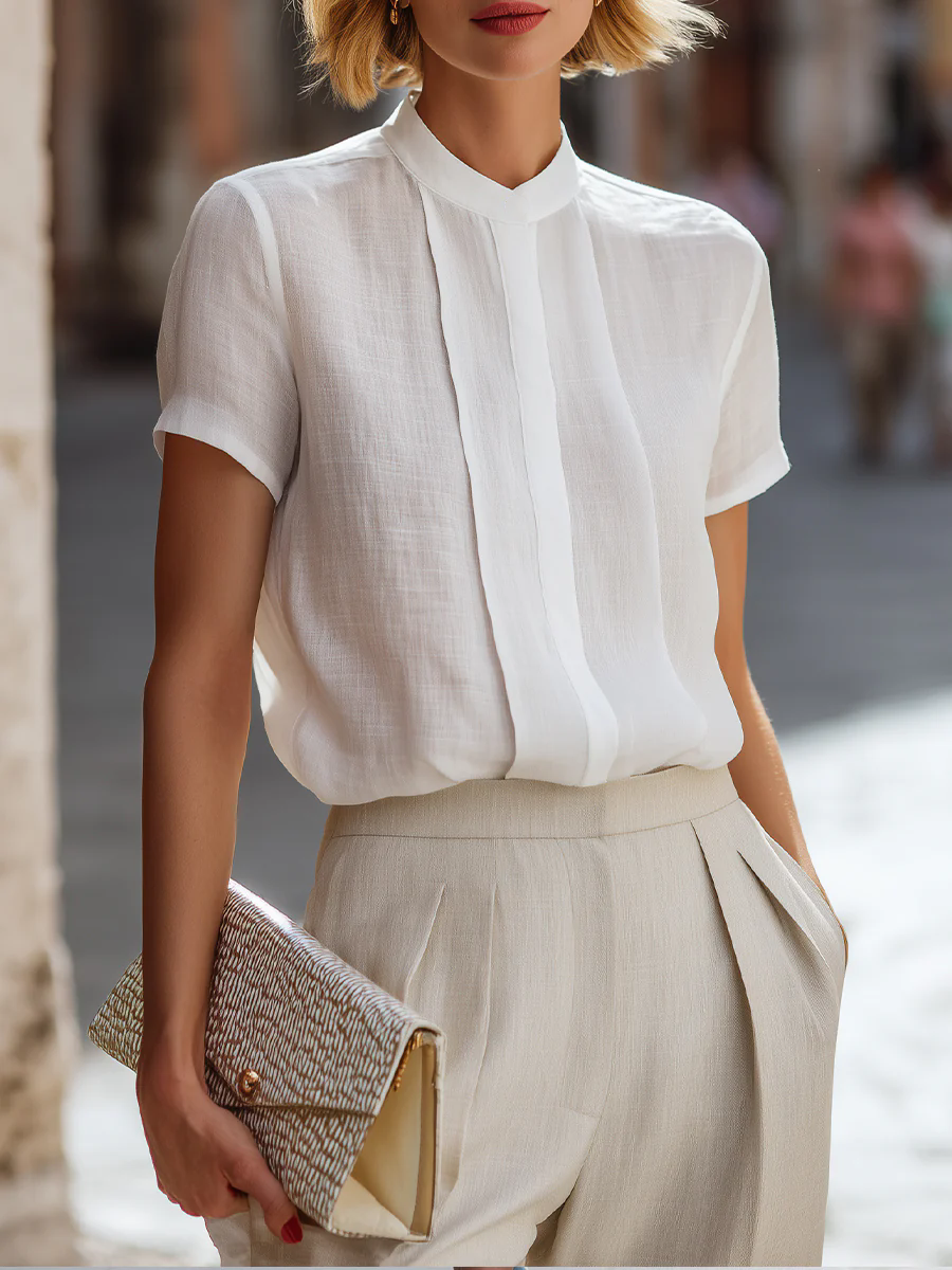 Women's Short Sleeve Pleated F - Shirt Camp Collar ulasan dan harga