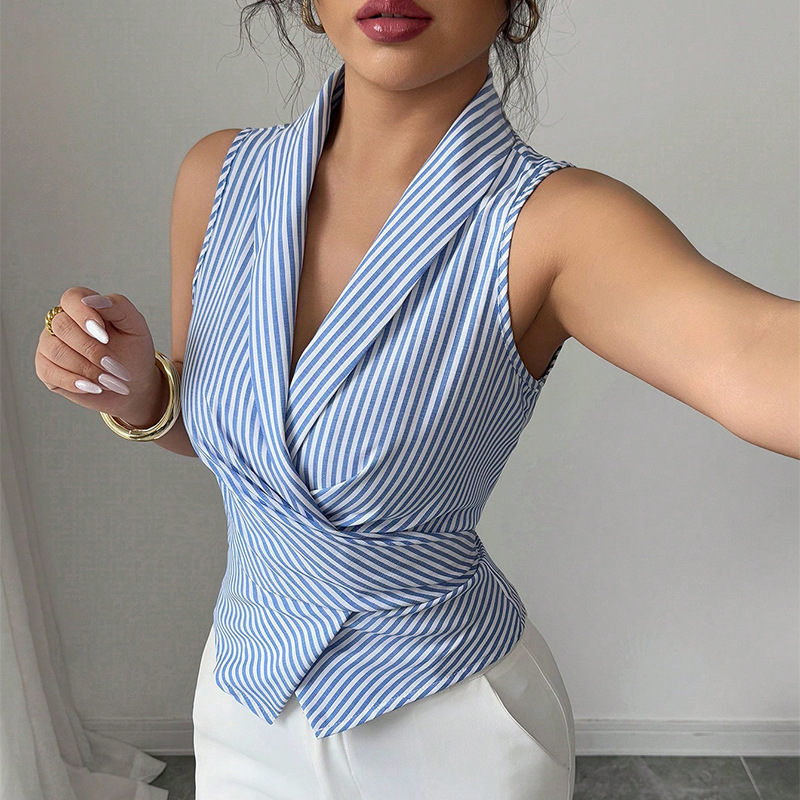 Blue Striped Sleeveless Shirt  - Shirt Camp Collar ulasan dan harga